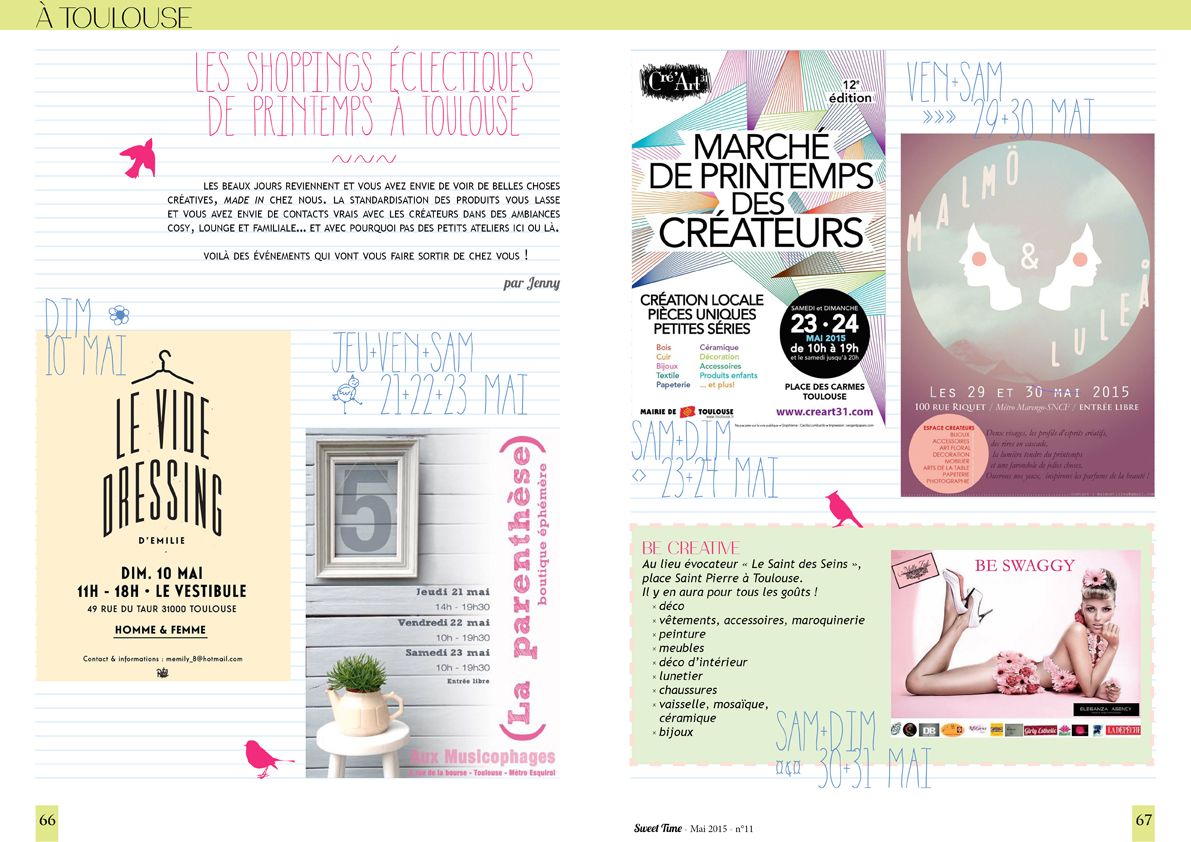 isabelle reynier graphiste - double page sorties Toulouse pour Sweet time magazine